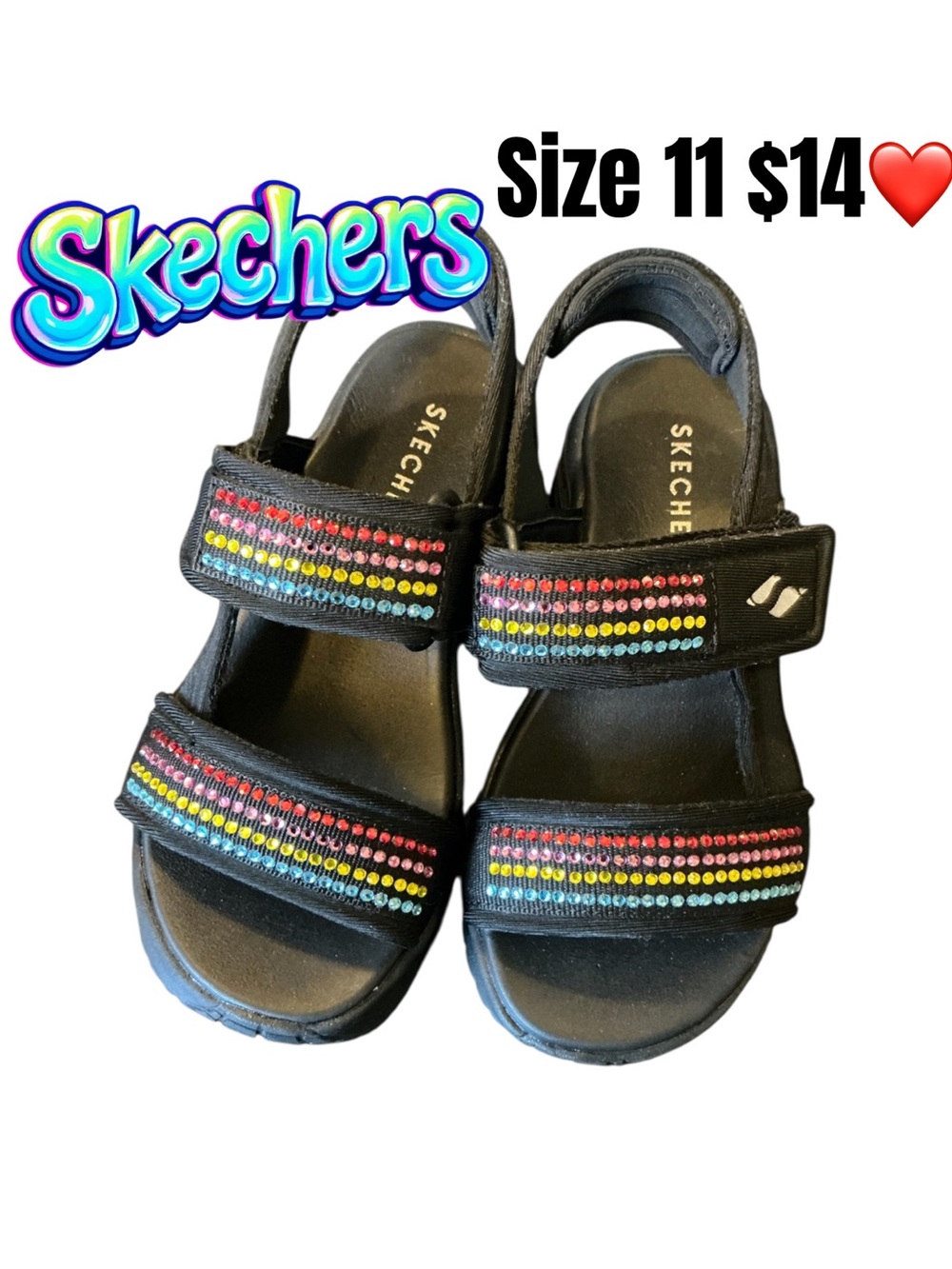 Skechers Kids Black Sandals with Rainbow Beaded Straps like a new